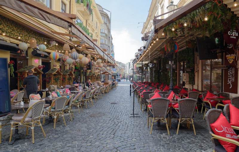 Vibrant outdoor seating area in the Old Town district of Bucharest